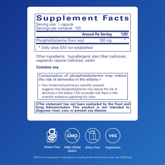 Close-up of PS100 capsules highlighting purity for cognitive health.