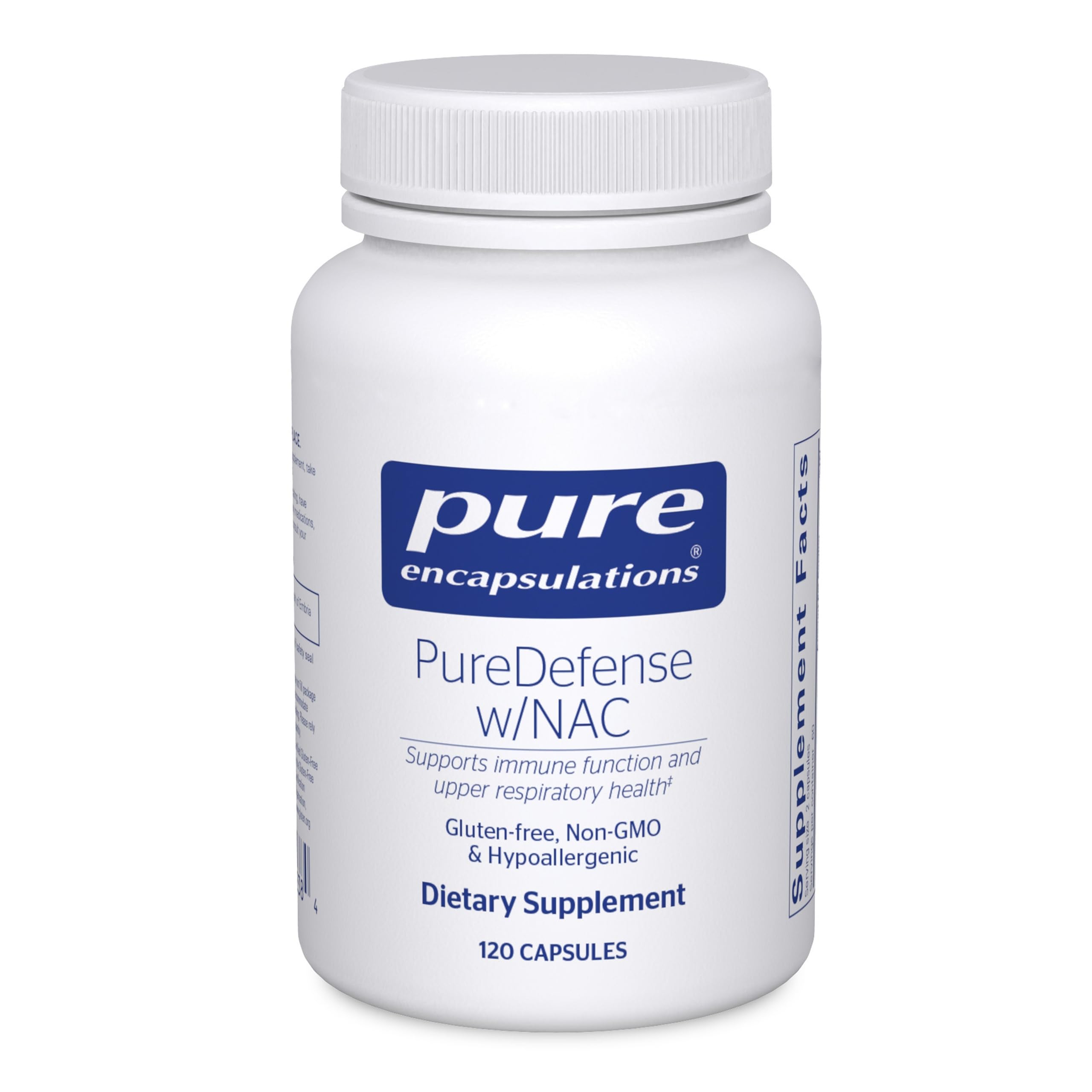 Pure Encapsulations PureDefense NAC bottle supports daily immune and upper respiratory wellness.