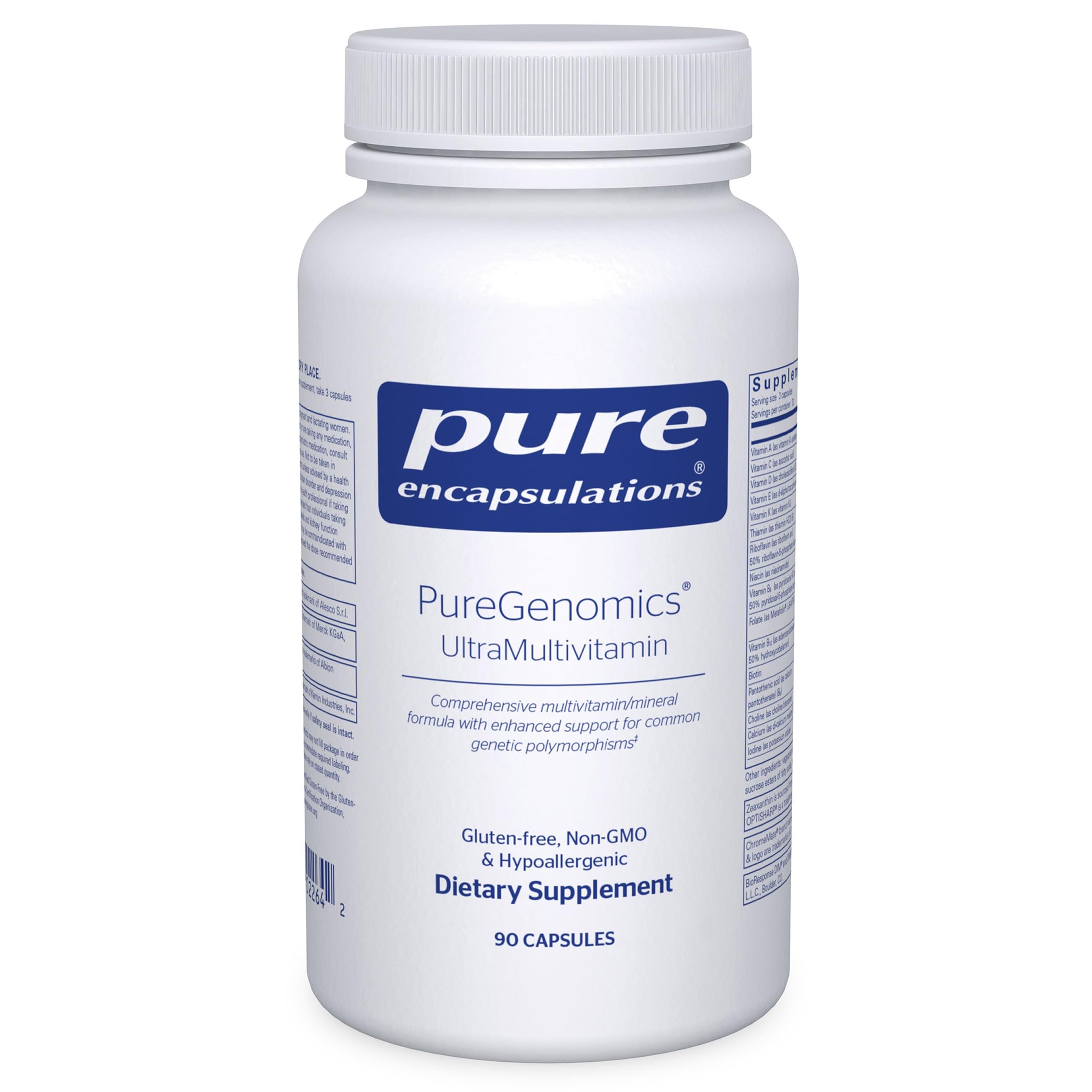 PureGenomics UltraMultivitamin bottle by Pure Encapsulations on a clean surface, premium formulation.