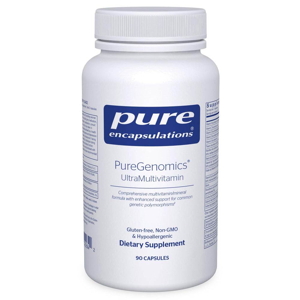 PureGenomics UltraMultivitamin bottle by Pure Encapsulations on a clean surface, premium formulation.