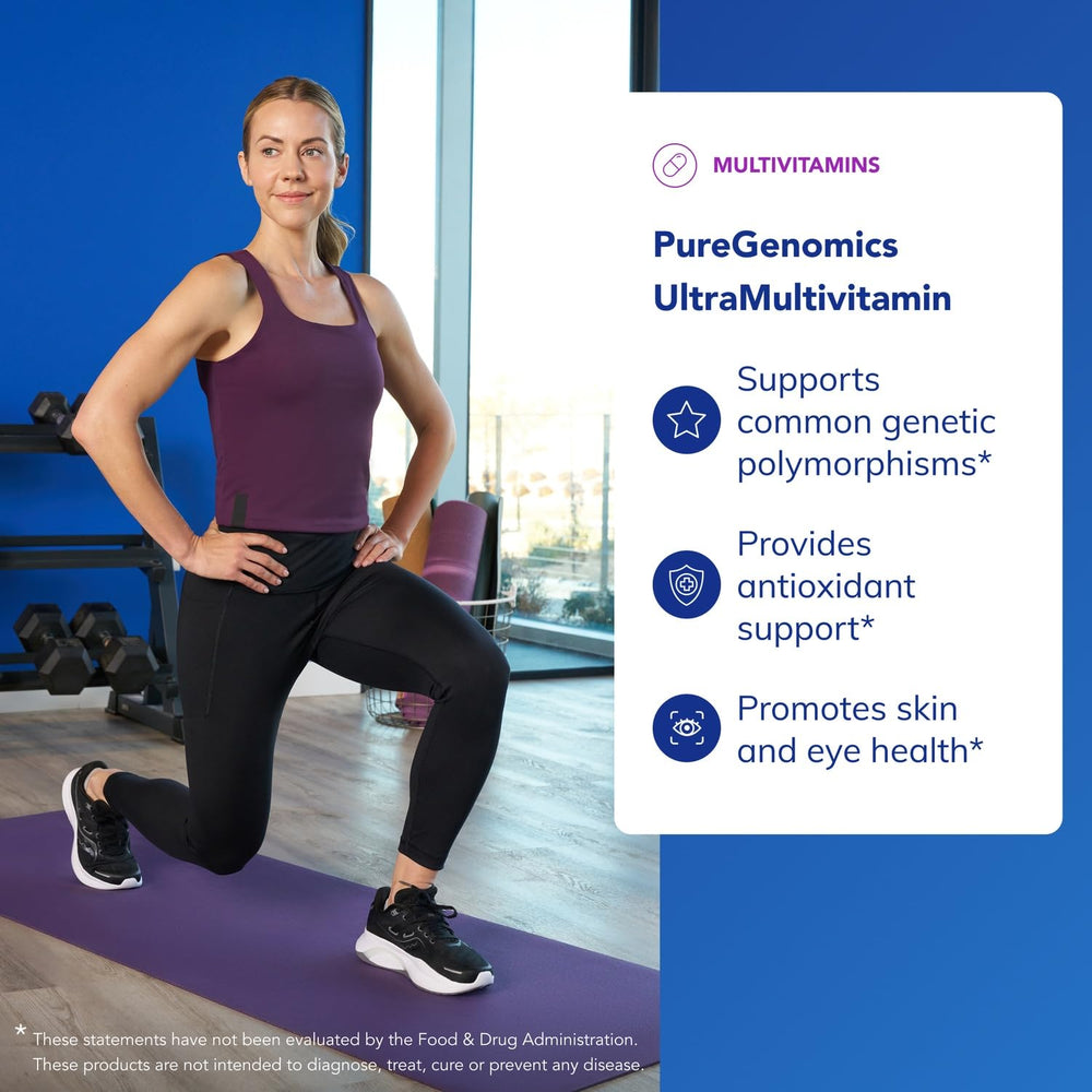 Label closeup of PureGenomics UltraMultivitamin showing ingredient highlights and purity commitments.
