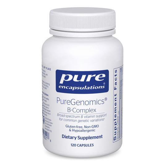 Pure Genomics B-Complex bottle front showing broad B vitamin support for energy