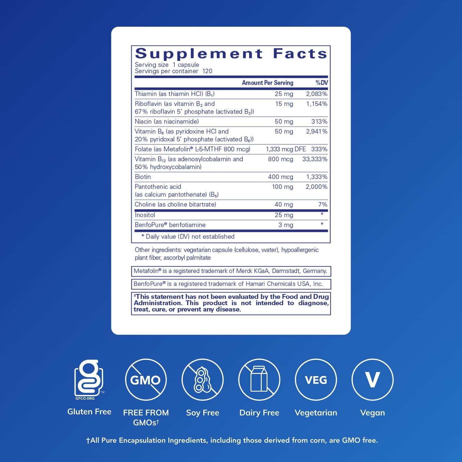 Pure Genomics B-Complex bottle label closeup noting activated B vitamins for methylation support