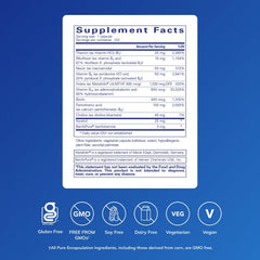 Pure Genomics B-Complex bottle label closeup noting activated B vitamins for methylation support