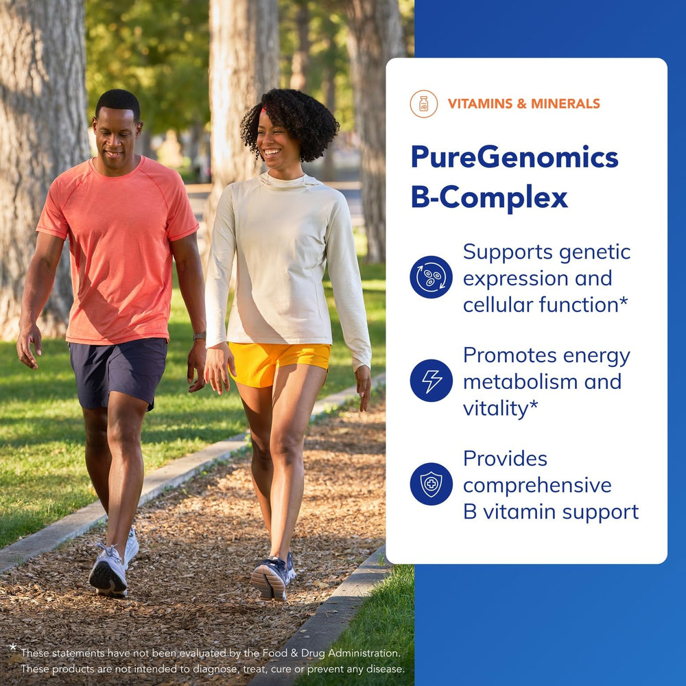Pure Genomics B-Complex capsules closeup emphasizing B12 blend for cellular energy