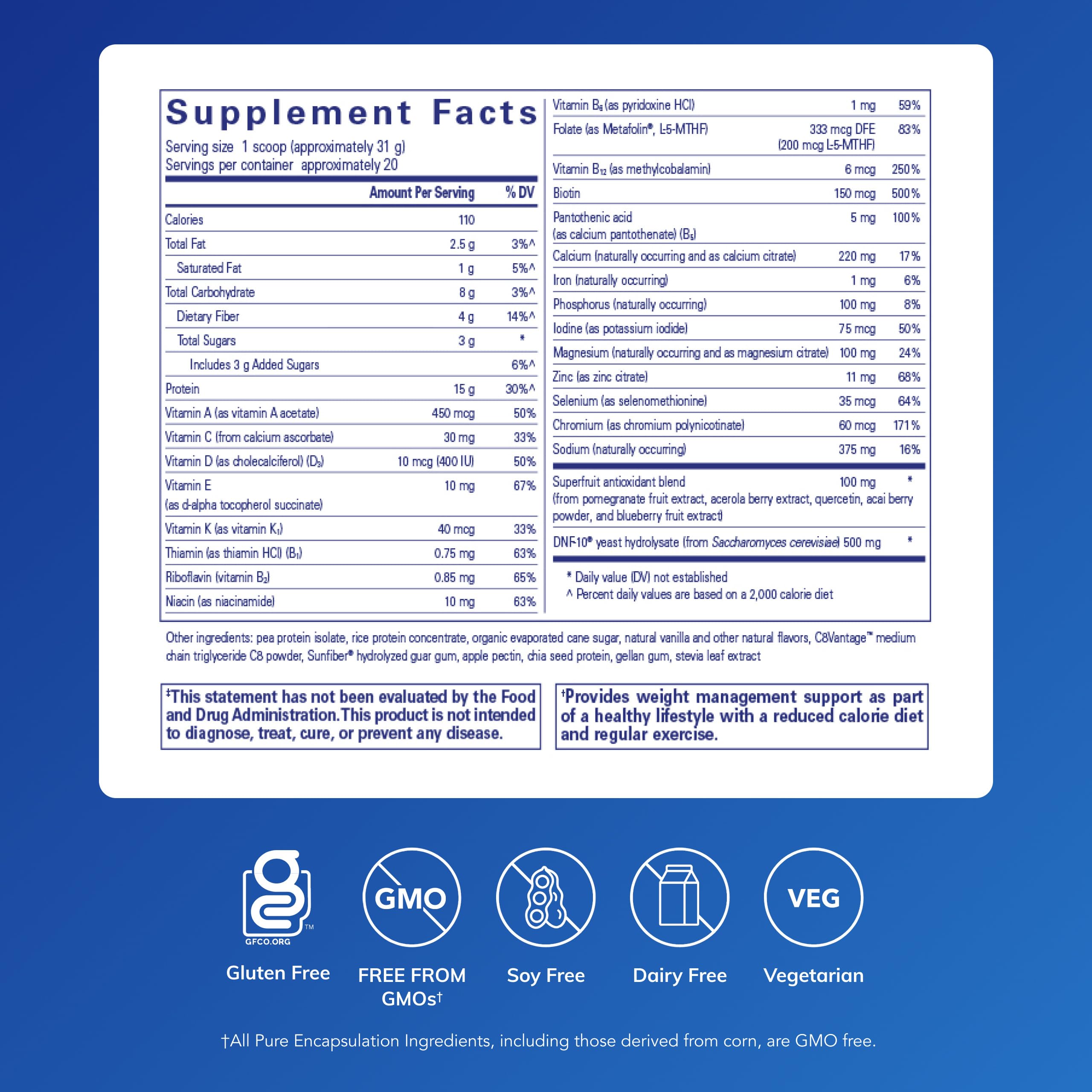 Pure Encapsulations PureLean Protein bottle pour showing protein powder for shakes
