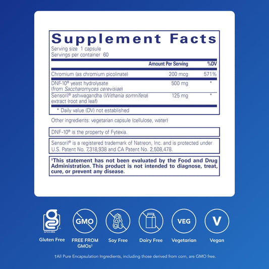 Pure Encapsulations PureLean Satiety bottle label close-up highlights gluten-free, non-GMO formula.