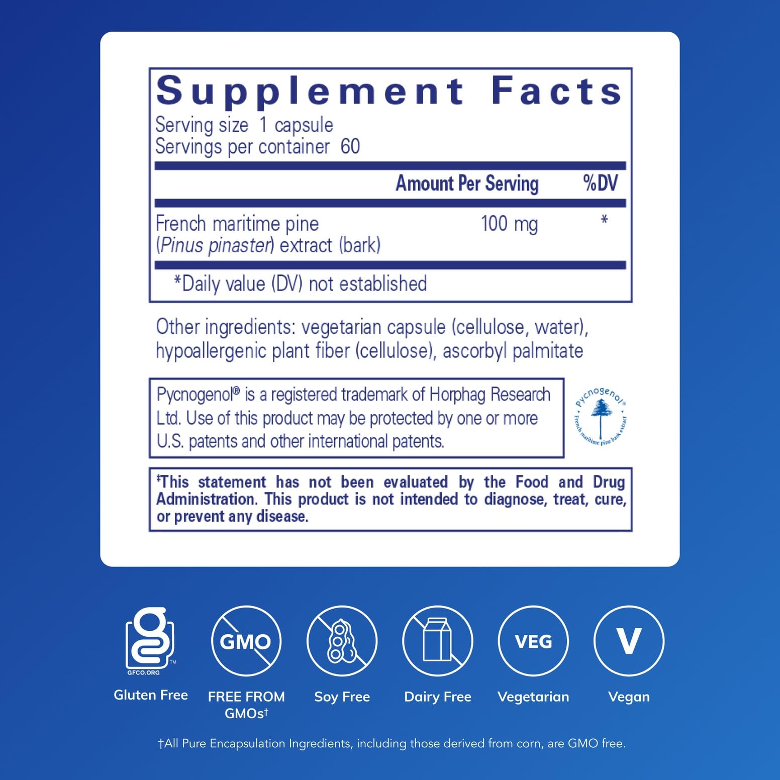 Pycnogenol capsules close-up highlights hypoallergenic formulation.