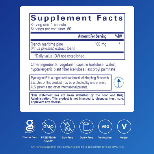 Pycnogenol capsules close-up highlights hypoallergenic formulation.