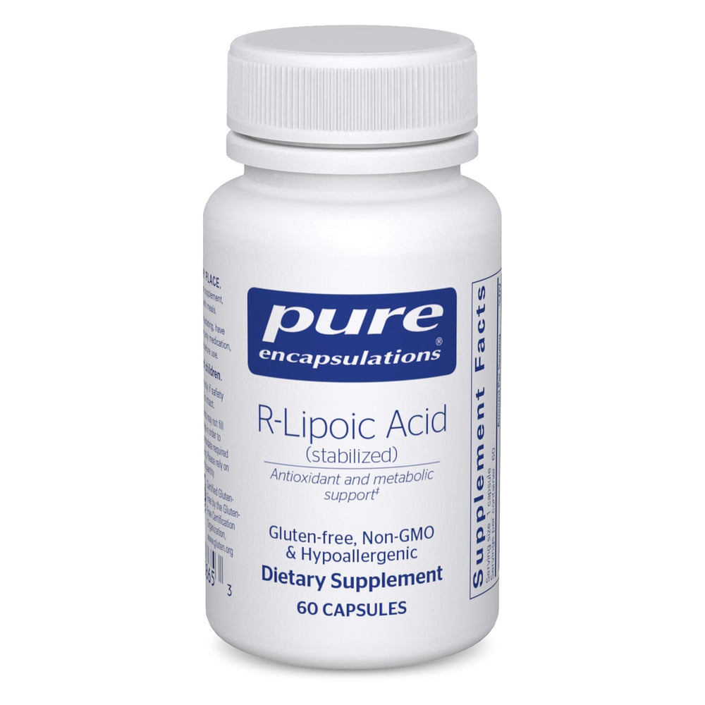 Pure Encapsulations R-Lipoic Acid Stabilized bottle on a clean surface highlighting antioxidant support
