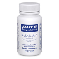 Pure Encapsulations R-Lipoic Acid Stabilized bottle on a clean surface highlighting antioxidant support