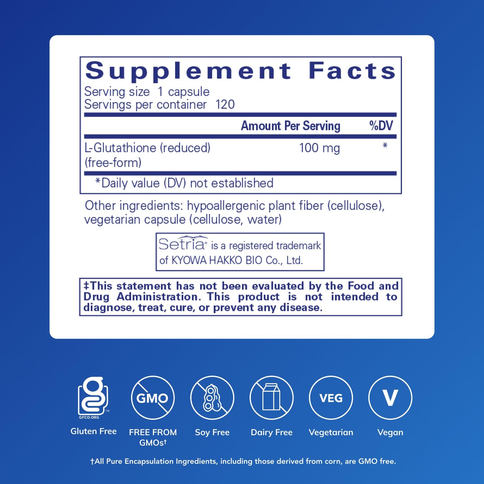 Pure Encapsulations Reduced Glutathione side panel showing allergen-free formulation benefits