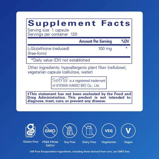 Pure Encapsulations Reduced Glutathione side panel showing allergen-free formulation benefits