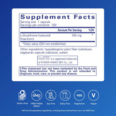 Pure Encapsulations Reduced Glutathione side panel showing allergen-free formulation benefits