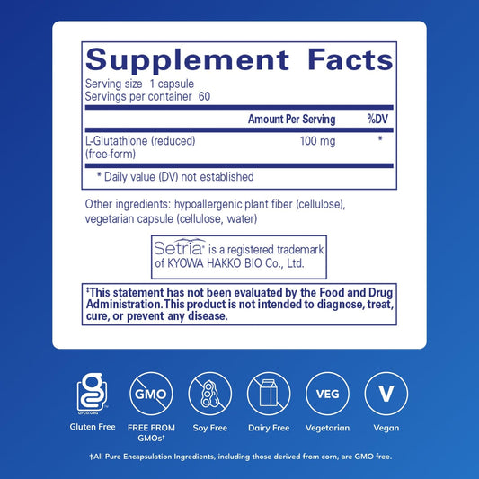 Pure Encapsulations Reduced Glutathione capsules closeup highlighting hypoallergenic formula