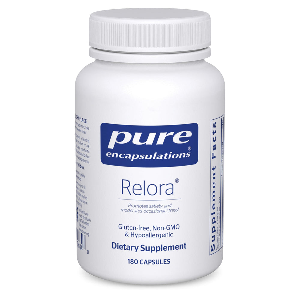 Pure Encapsulations Relora bottle front promotes calmness and occasional stress support.