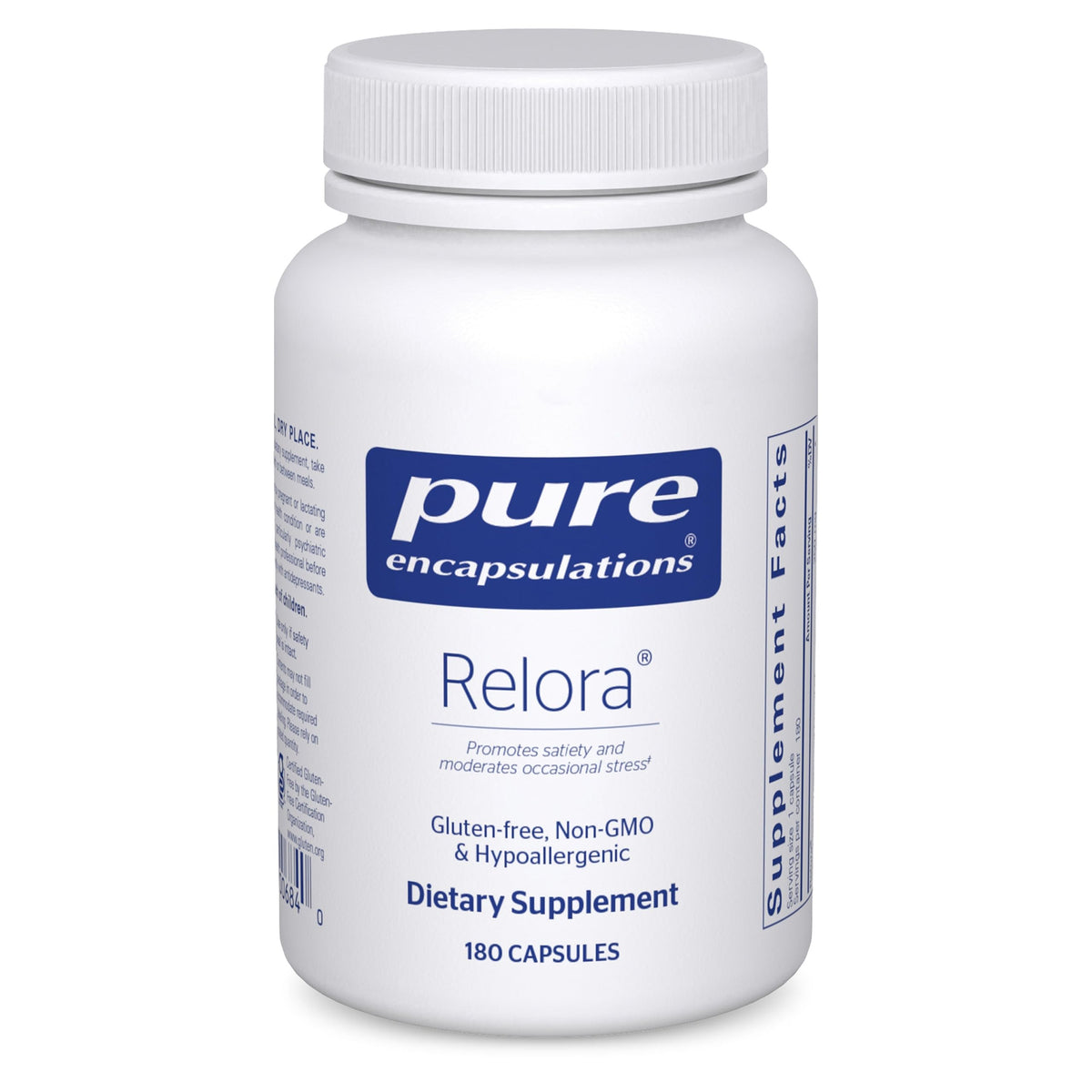 Pure Encapsulations Relora bottle front promotes calmness and occasional stress support.