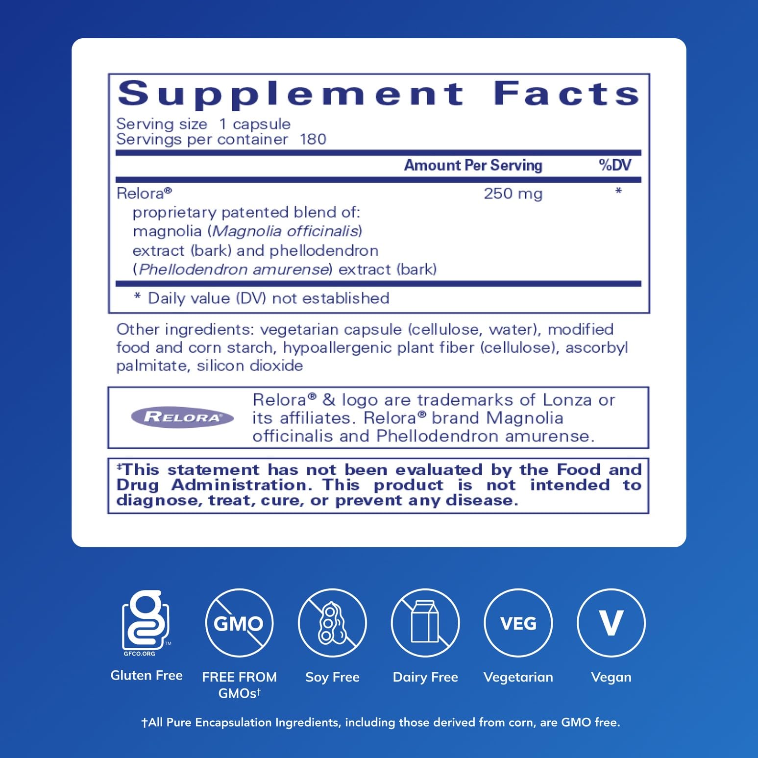 Relora capsules closeup highlights plant-based blend and hypoallergenic formula.
