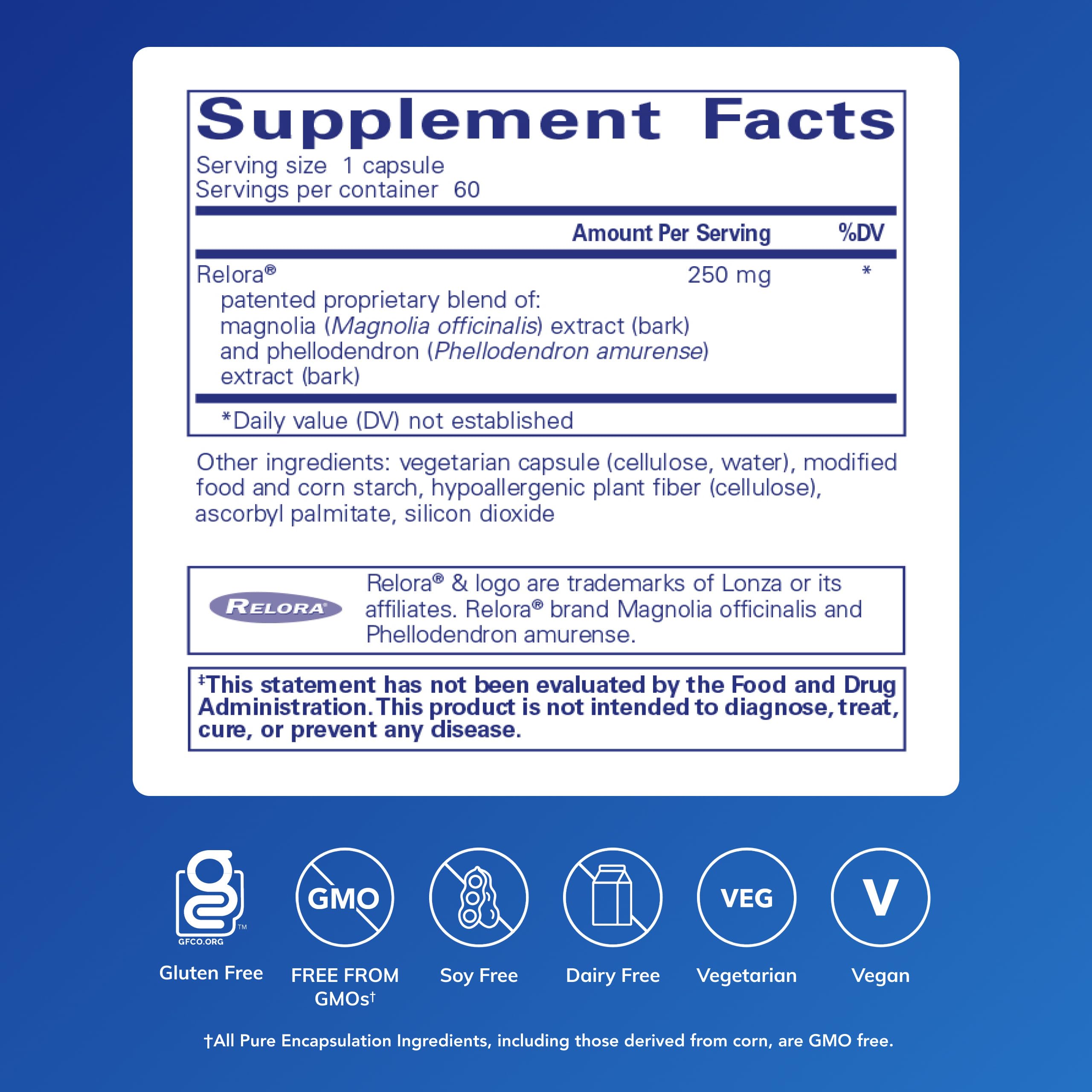 Relora capsules close-up showing plant-based stress support formula.