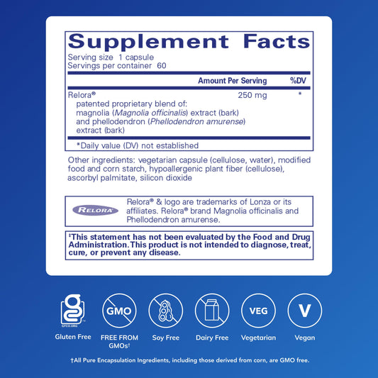 Relora capsules close-up showing plant-based stress support formula.
