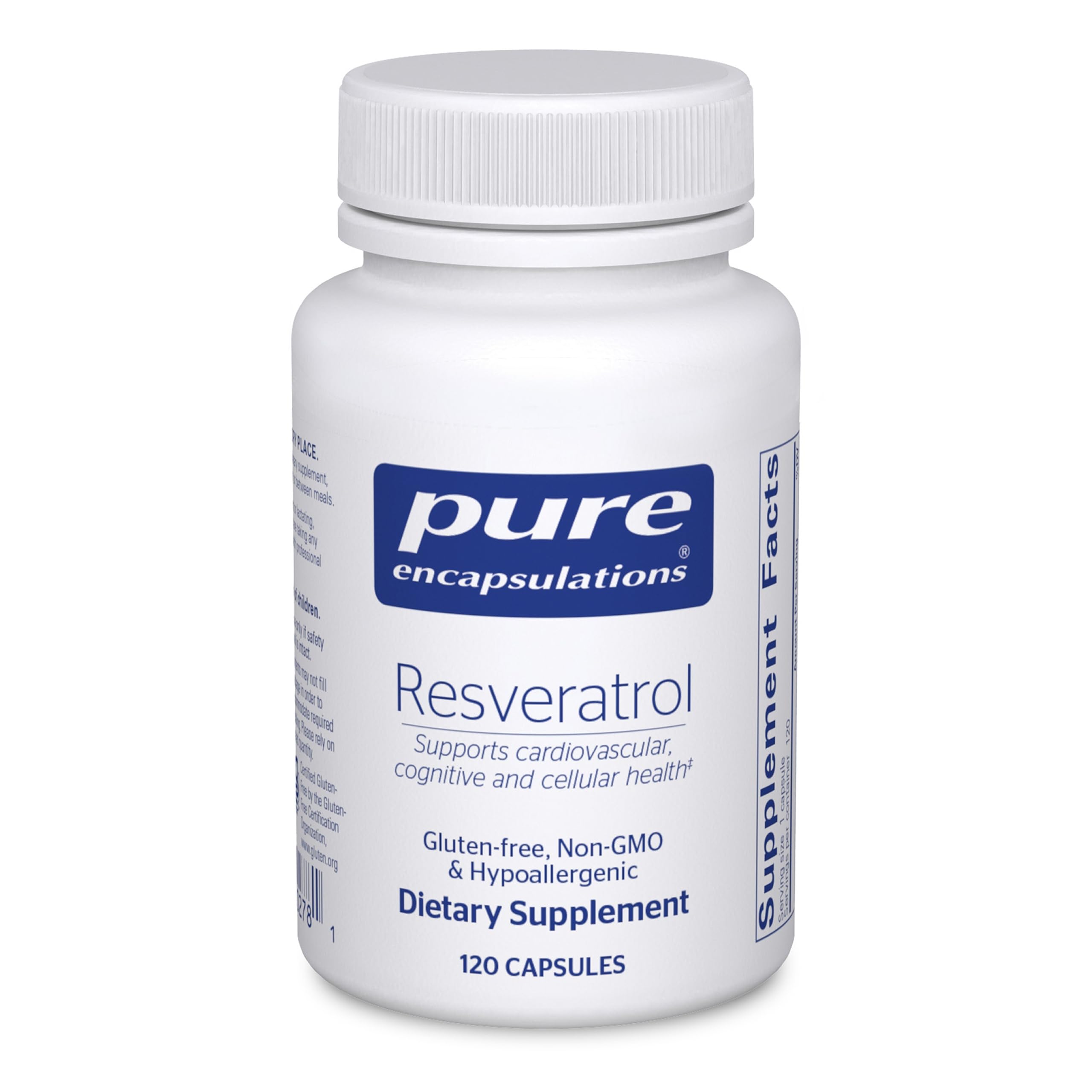 Pure Encapsulations Resveratrol bottle front promoting antioxidant support.