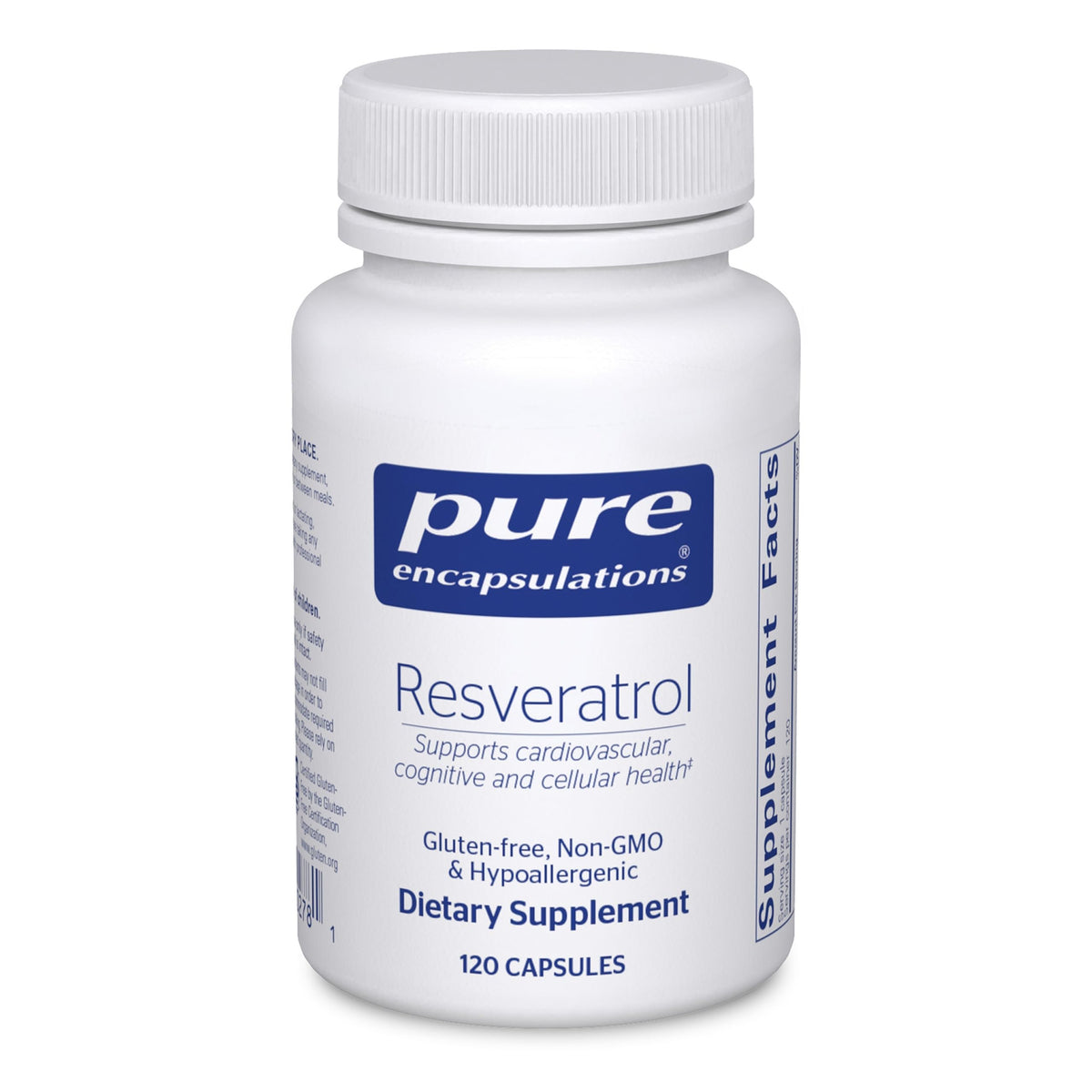 Pure Encapsulations Resveratrol bottle front promoting antioxidant support.