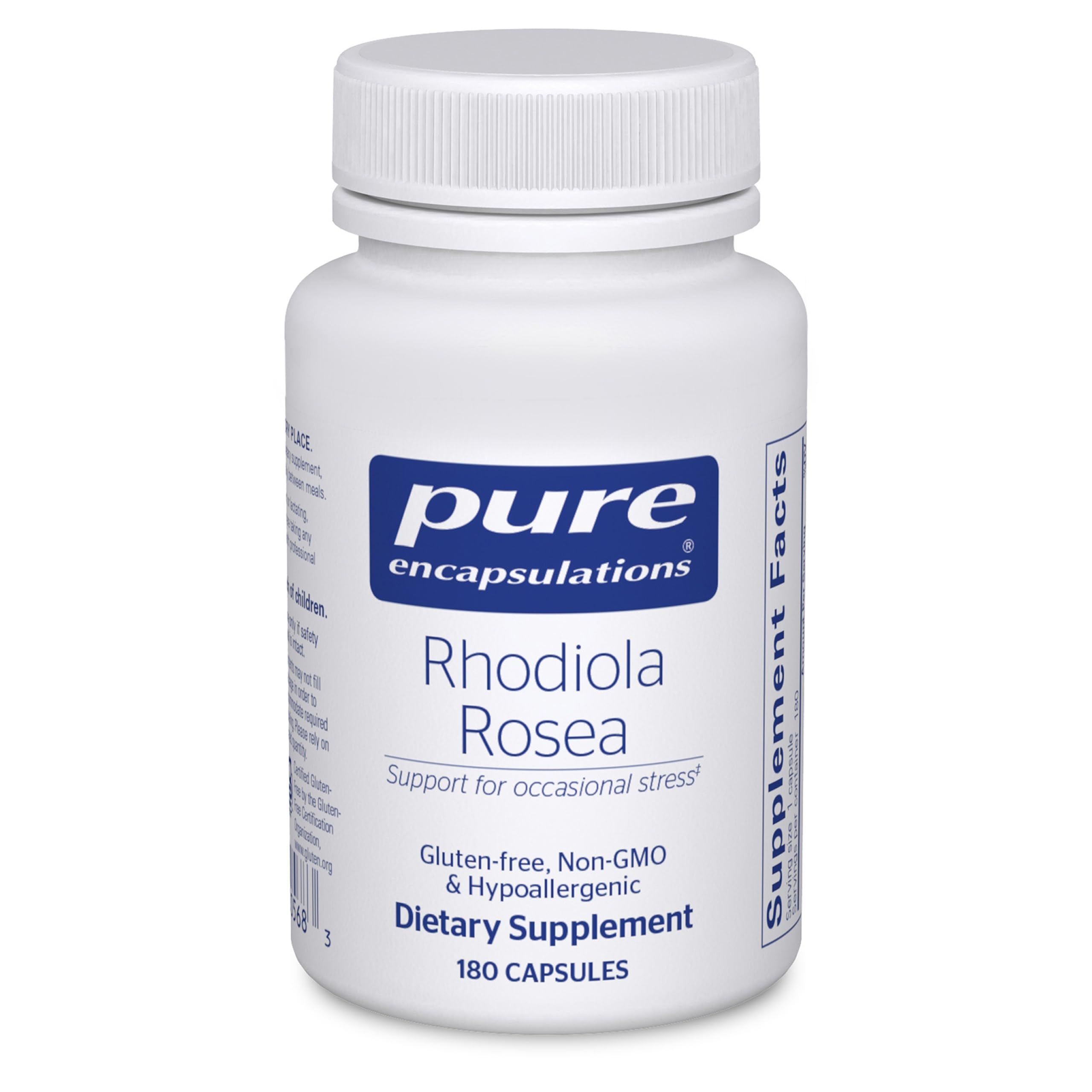 Pure Encapsulations Rhodiola Rosea bottle front may support occasional stress and everyday energy