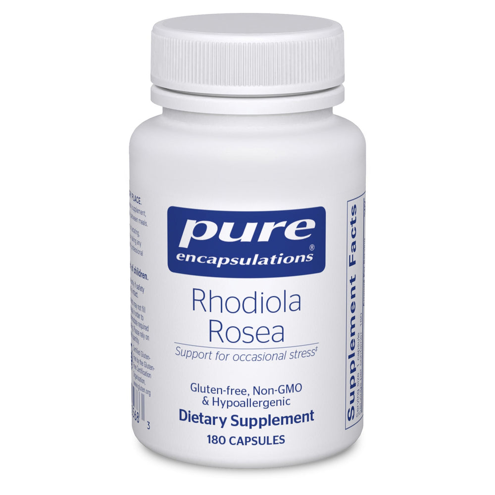 Pure Encapsulations Rhodiola Rosea bottle front may support occasional stress and everyday energy