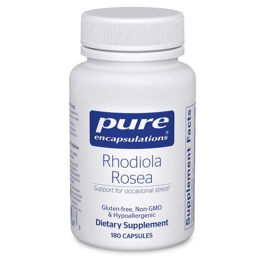 Pure Encapsulations Rhodiola Rosea bottle front may support occasional stress and everyday energy