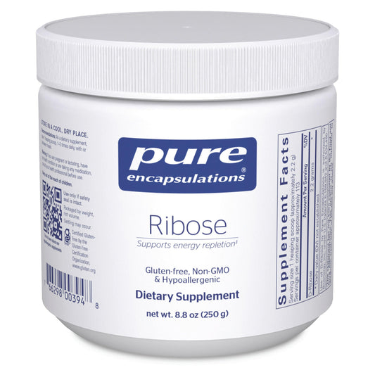Pure Encapsulations Ribose powder container on shelf signaling premium, hypoallergenic energy support.