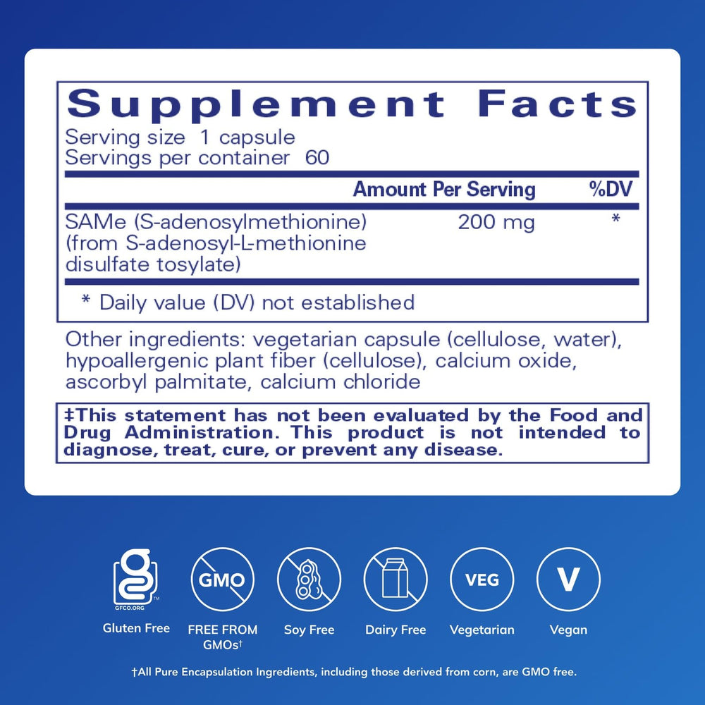 Pure Encapsulations SAMe capsules on white background suggest joint comfort potential.