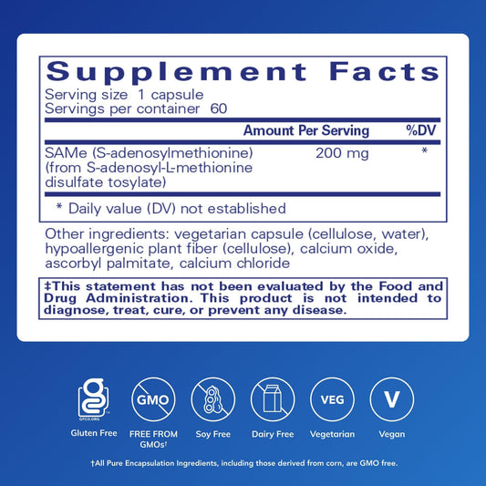Pure Encapsulations SAMe capsules on white background suggest joint comfort potential.