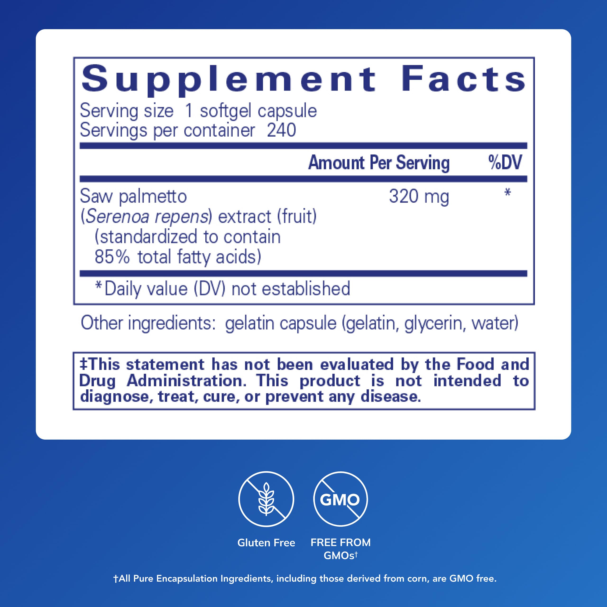 Pure Encapsulations Saw Palmetto 320 ingredients label highlights premium fatty acids.