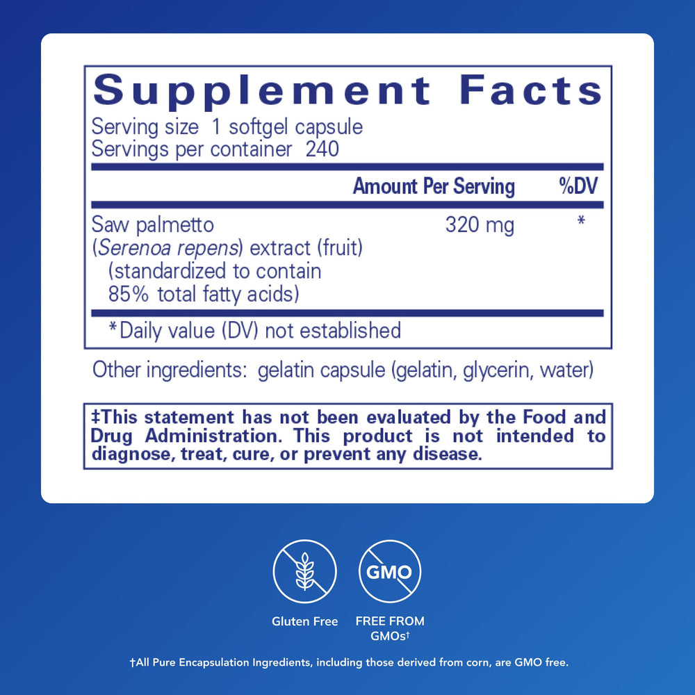 Pure Encapsulations Saw Palmetto 320 ingredients label highlights premium fatty acids.