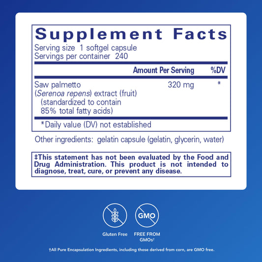 Pure Encapsulations Saw Palmetto 320 ingredients label highlights premium fatty acids.