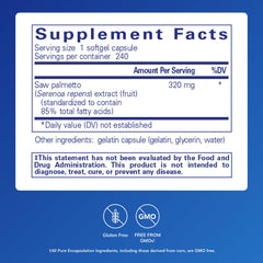 Pure Encapsulations Saw Palmetto 320 ingredients label highlights premium fatty acids.