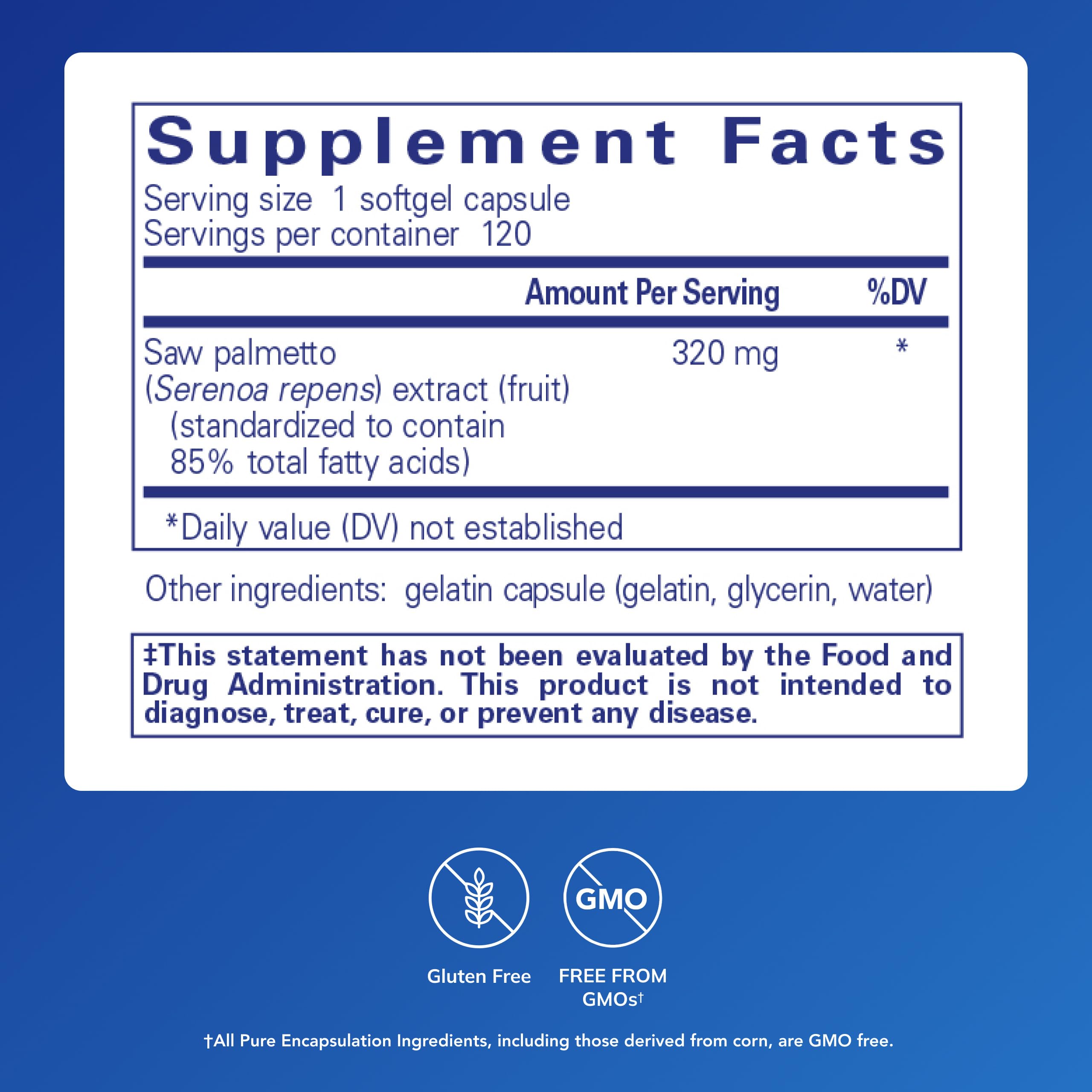Pure Encapsulations Saw Palmetto 320 label closeup highlighting premium ingredients.