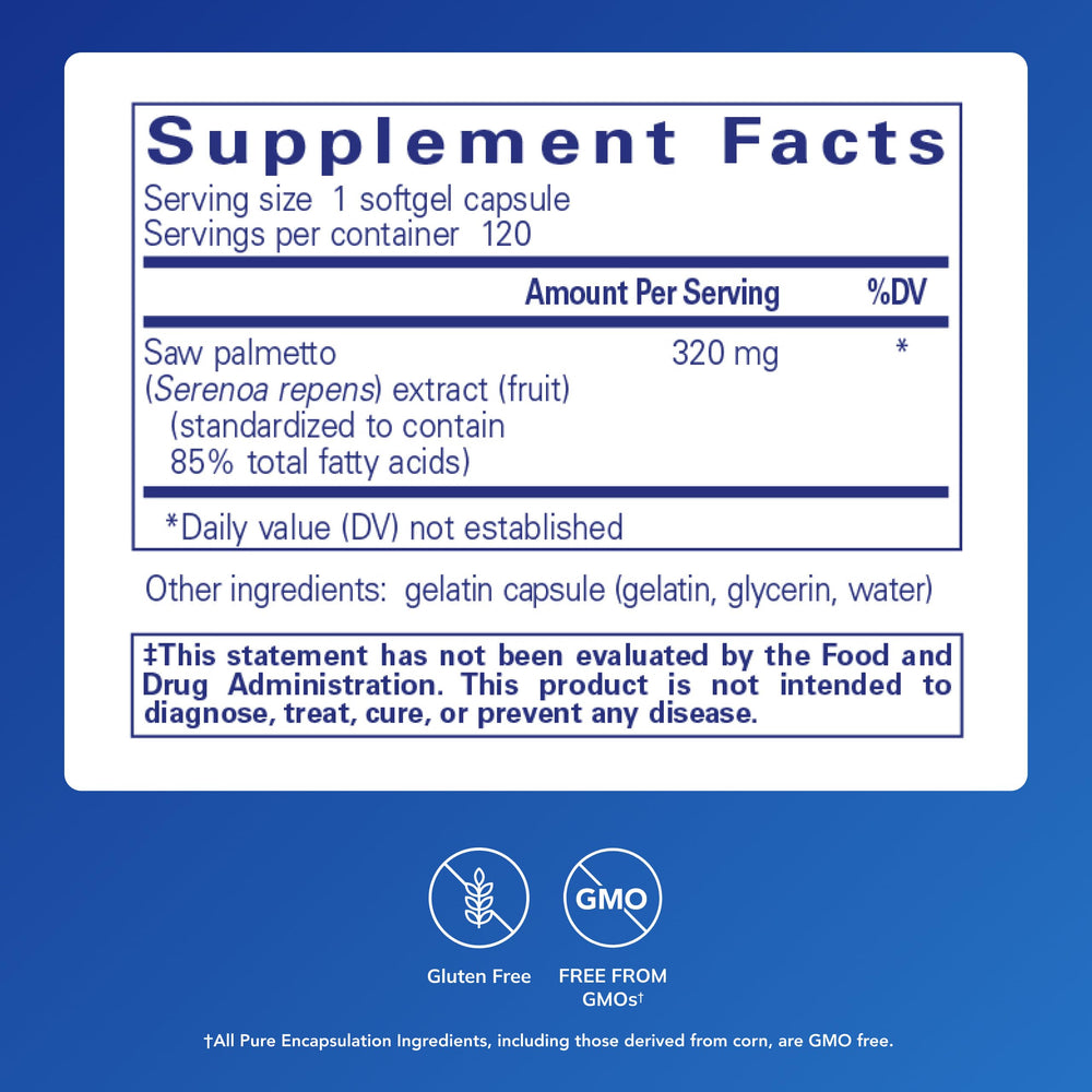 Pure Encapsulations Saw Palmetto 320 label closeup highlighting premium ingredients.