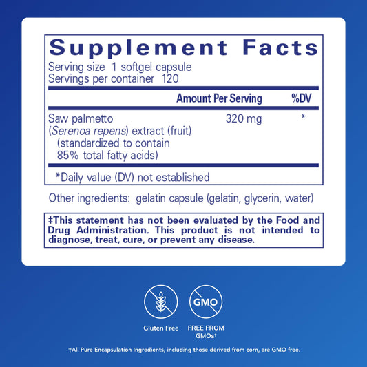 Pure Encapsulations Saw Palmetto 320 label closeup highlighting premium ingredients.
