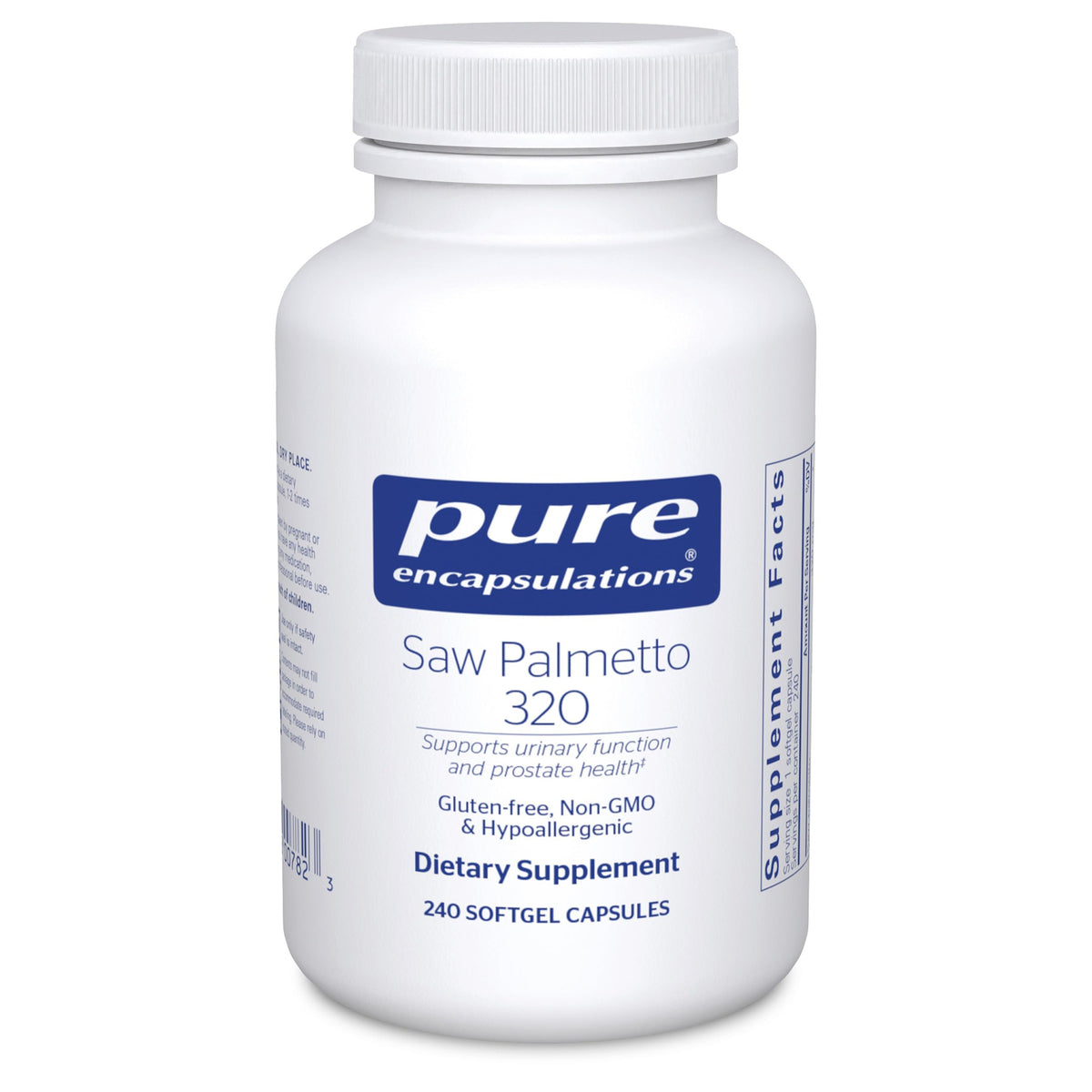 Pure Encapsulations Saw Palmetto 320 softgel bottle promotes urinary support.