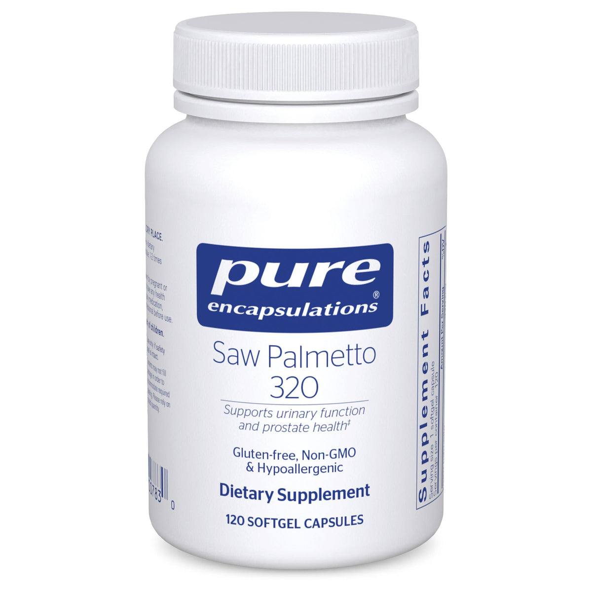 Pure Encapsulations Saw Palmetto 320 softgel bottle on shelf for daily support.