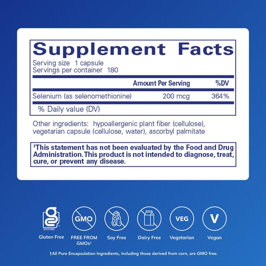 Pure Encapsulations Selenium capsules closeup shows vegan formulation for daily use.