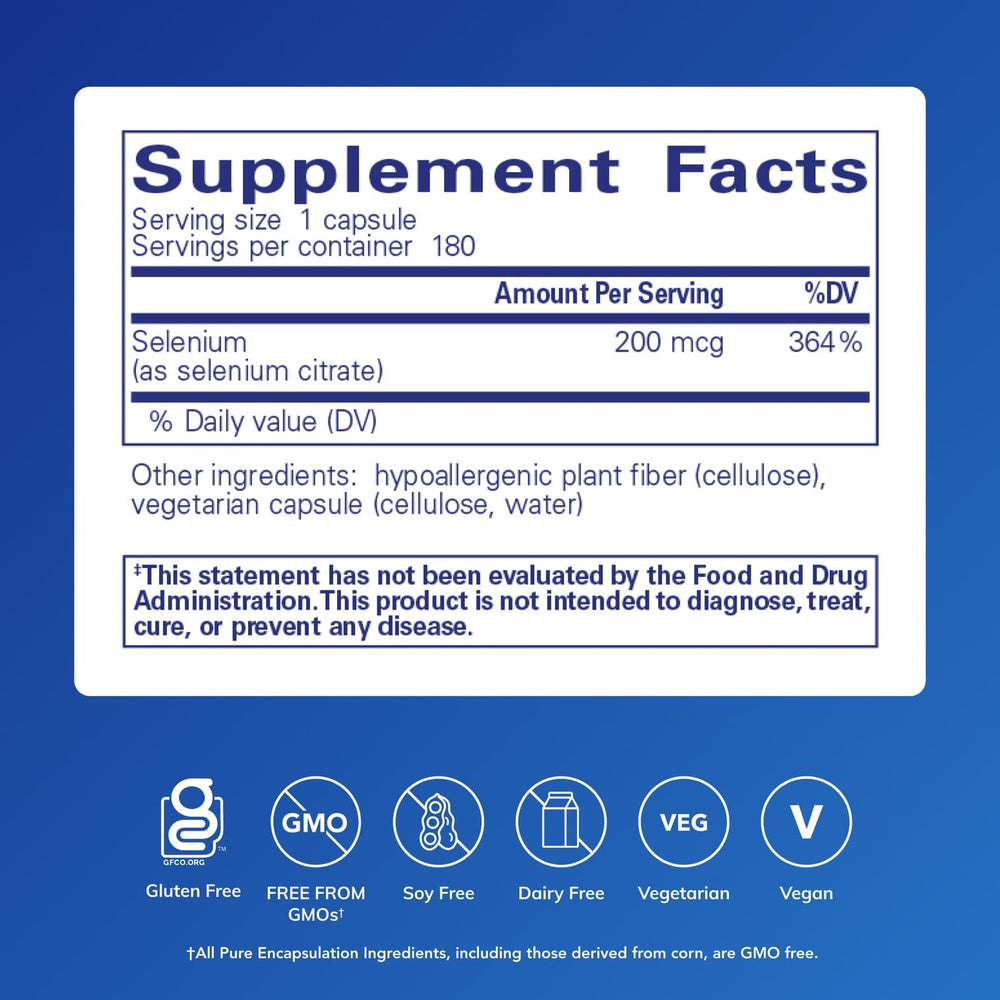 Close-up of Pure Encapsulations Selenium Citrate capsules for antioxidant support
