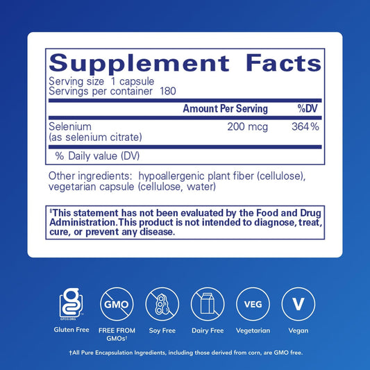 Close-up of Pure Encapsulations Selenium Citrate capsules for antioxidant support