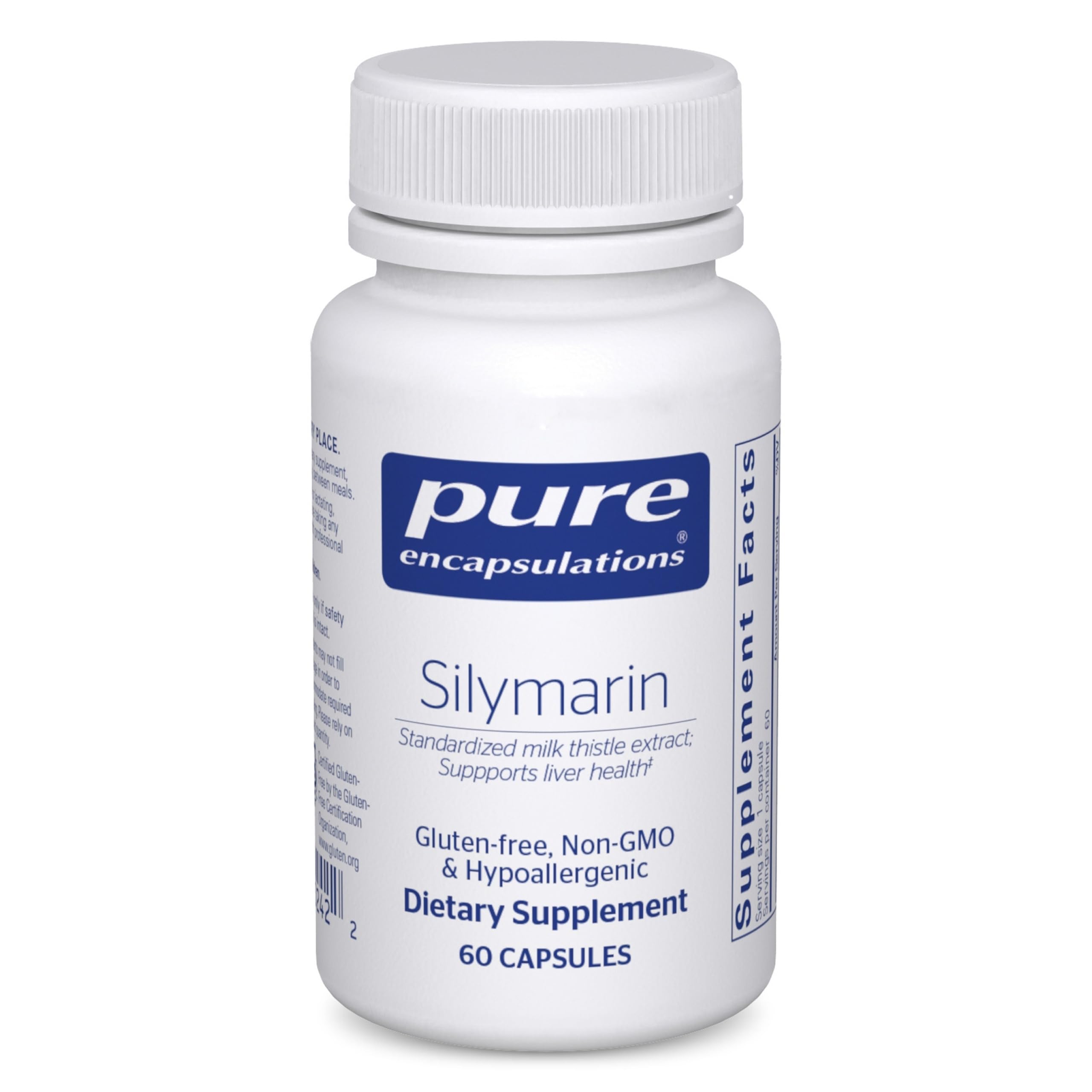 Pure Encapsulations Silymarin bottle close-up illustrating liver support benefits