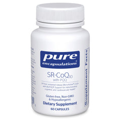 Pure Encapsulations SR-CoQ10 with PQQ bottle showing sustained release for daily heart support