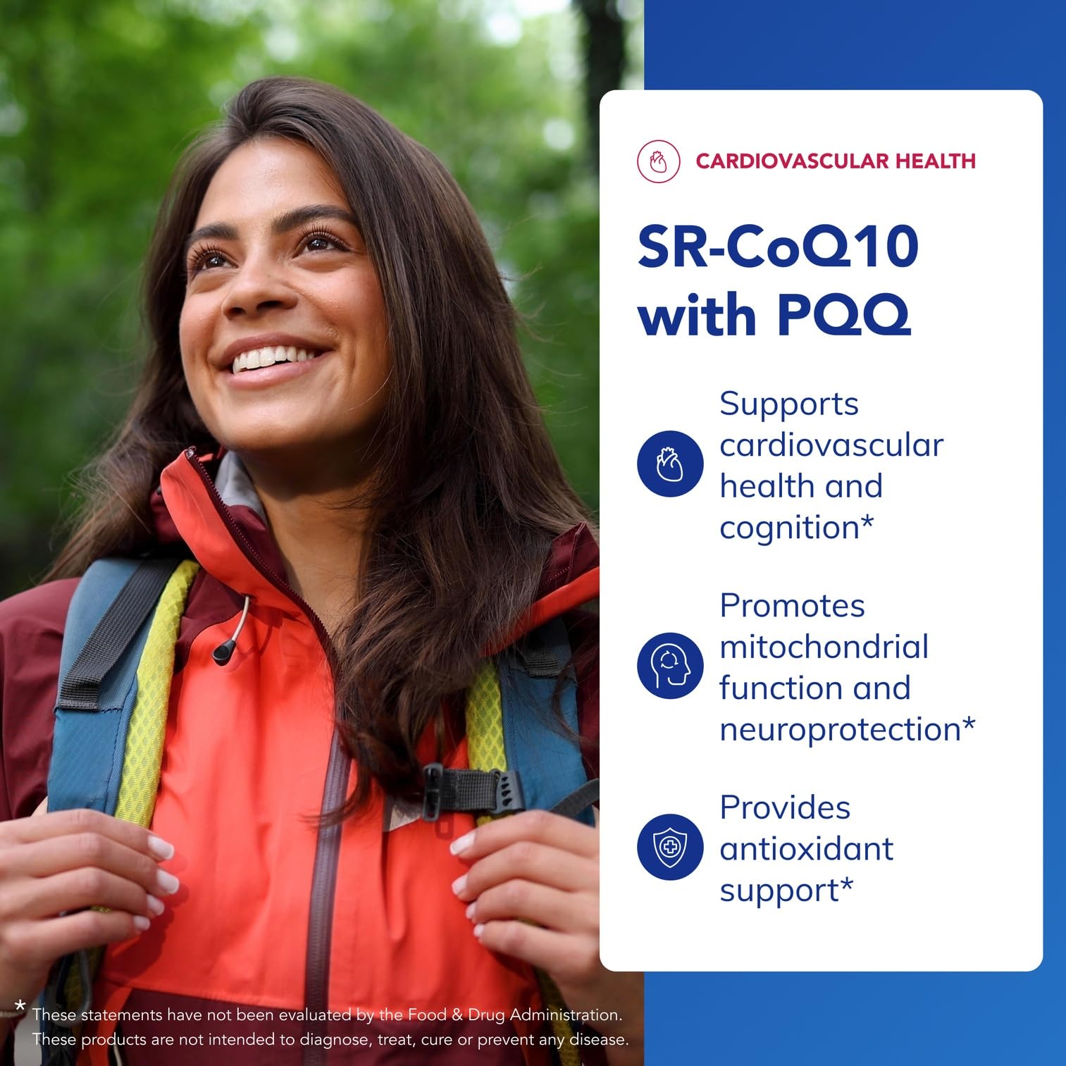 SR-CoQ10 with PQQ label highlighting gluten-free, vegetarian, and non-GMO formulation