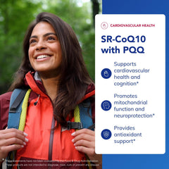 SR-CoQ10 with PQQ label highlighting gluten-free, vegetarian, and non-GMO formulation