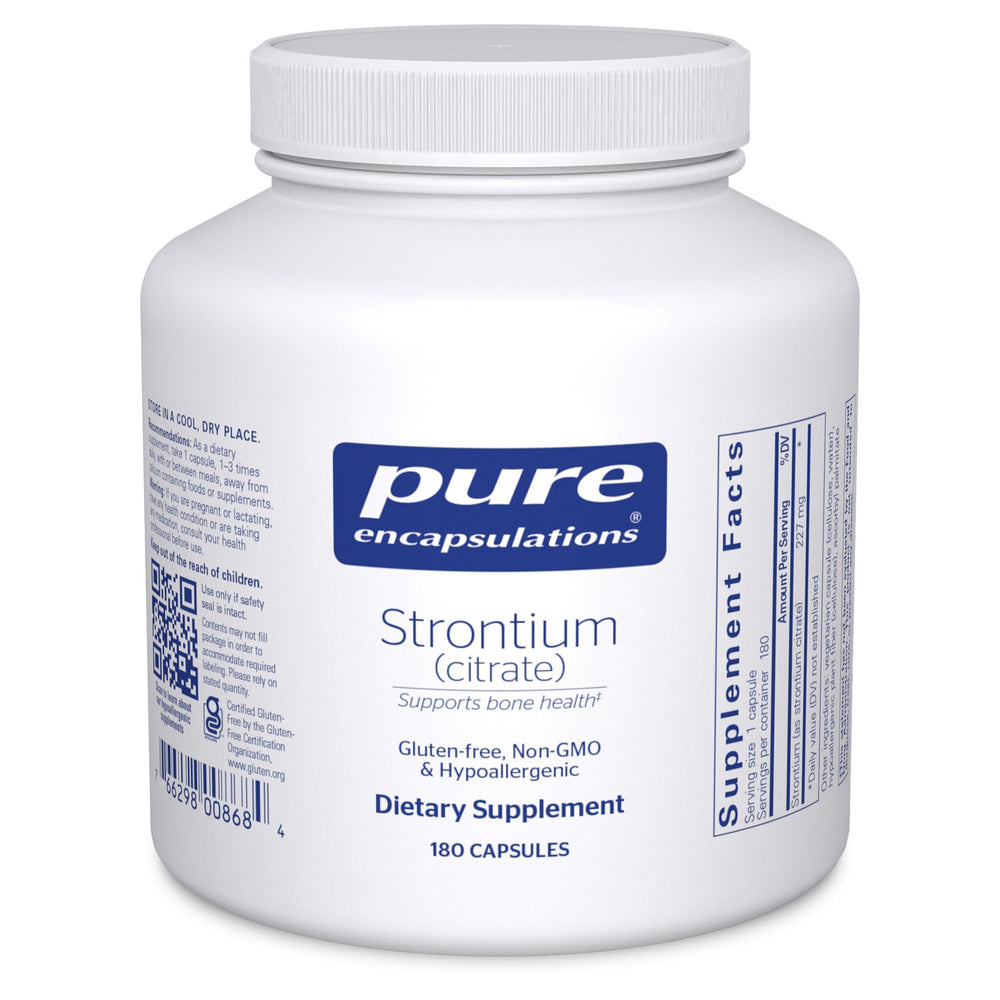 Pure Encapsulations Strontium Citrate bottle front promoting bone health support.
