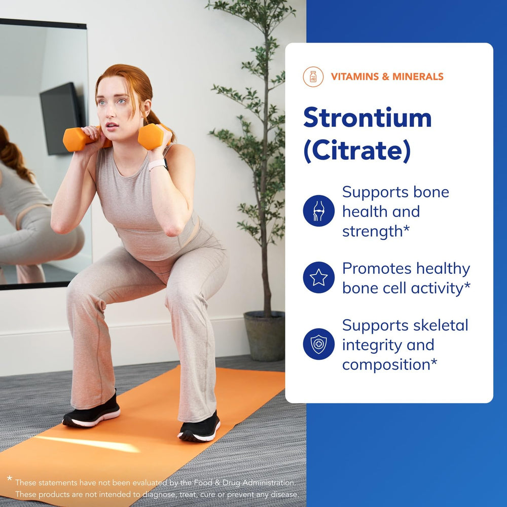Bottle pouring Strontium Citrate capsules illustrating convenient supplementation.